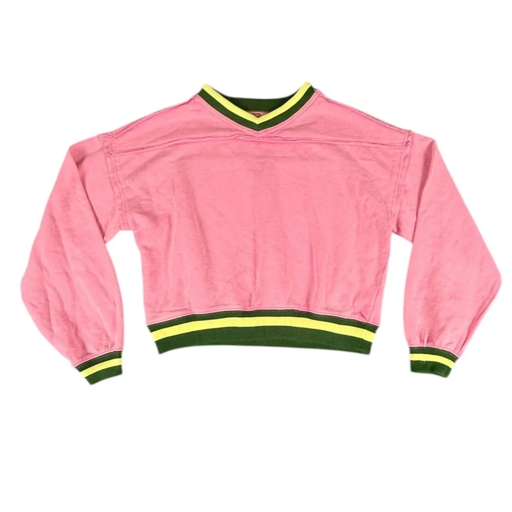 Free People Sweatshirt Womens Medium Pink V-Neck Cropped‎ Striped Trim Boxy Top